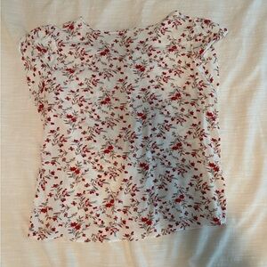 fun 2 fun White Cap-Sleeve Blouse with Red Floral Print